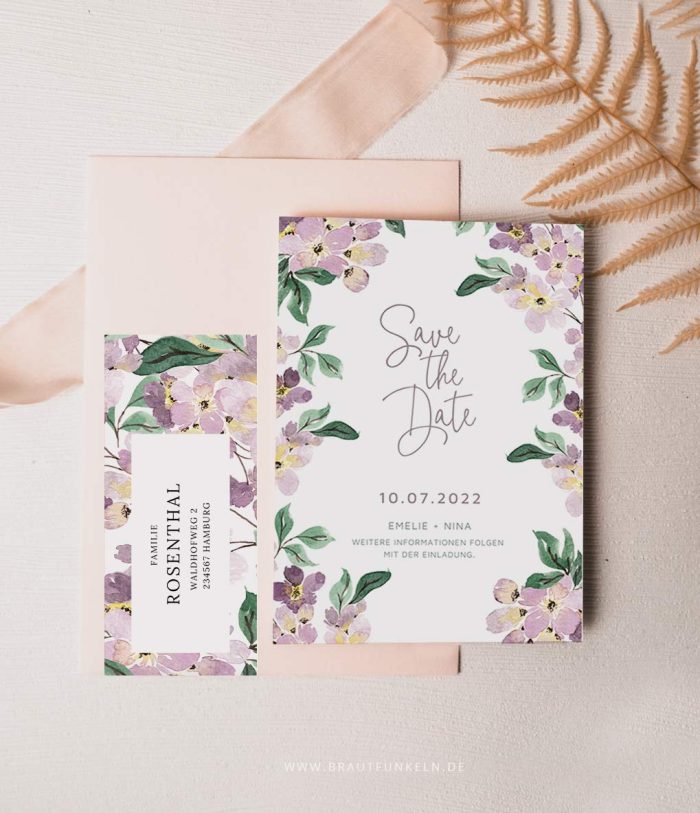 Emelie – DIY Save the Date Karte mit violetten Blumen