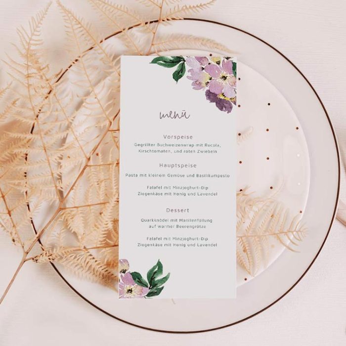 Emelie – DIY Menükarte Hochzeit mit violetten Blumen